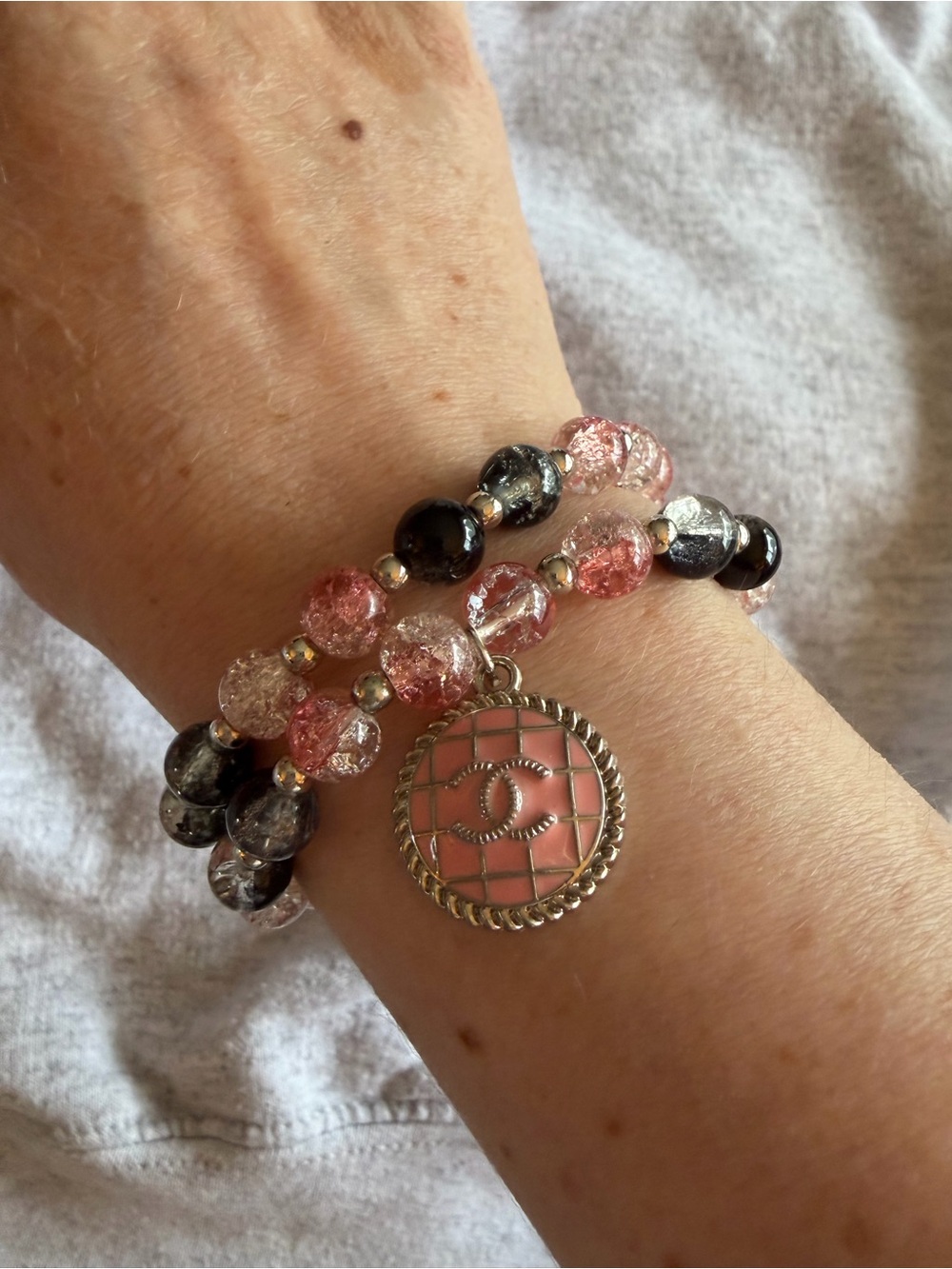 Upcycled Chanel Pink Charm Beaded Bracelet with Interlocking Logo Pendant